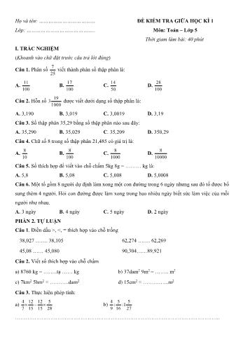 Đề kiểm tra giữa học kì 1 Toán Lớp 5 - Đề số 5 (Kèm hướng dẫn giải chi tiết)