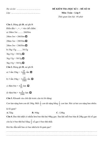 Đề kiểm tra học kì 1 Toán Lớp 5 - Đề số 10 (Có hướng dẫn giải chi tiết)