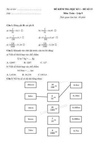 Đề kiểm tra học kì 1 Toán Lớp 5 - Đề số 13 (Có hướng dẫn giải chi tiết)