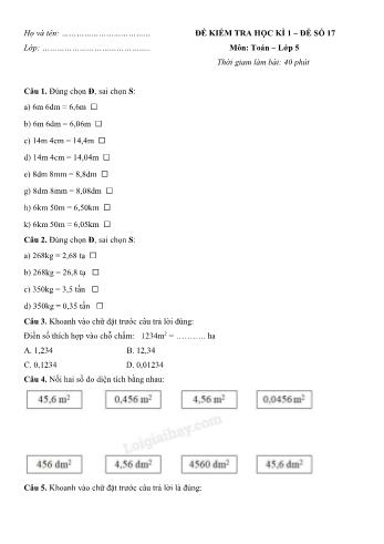 Đề kiểm tra học kì 1 Toán Lớp 5 - Đề số 17 (Có hướng dẫn giải chi tiết)