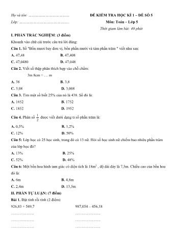 Đề kiểm tra học kì 1 Toán Lớp 5 - Đề số 5 (Có hướng dẫn giải chi tiết)