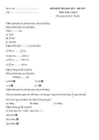 Đề kiểm tra học kì 1 Toán Lớp 5 - Đề số 9 (Có hướng dẫn giải chi tiết)