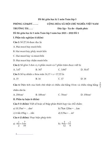 Đề thi giữa học kì 1 Toán Lớp 5 - Đề 1 - Năm học 2021 – 2022 (Có đáp án)