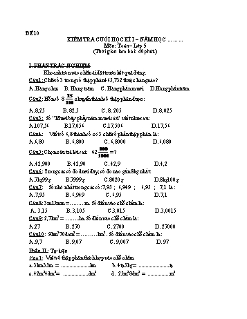 Kiểm tra cuối học kì 1 Toán Lớp 5 - Đề 10