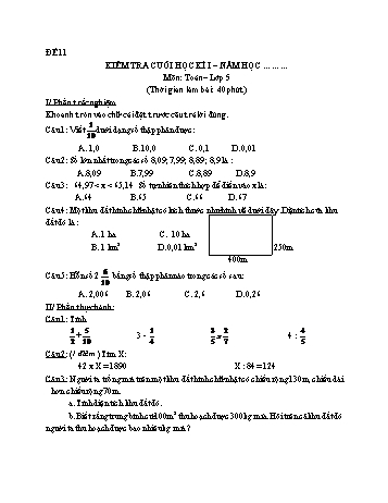 Kiểm tra cuối học kì 1 Toán Lớp 5 - Đề 11