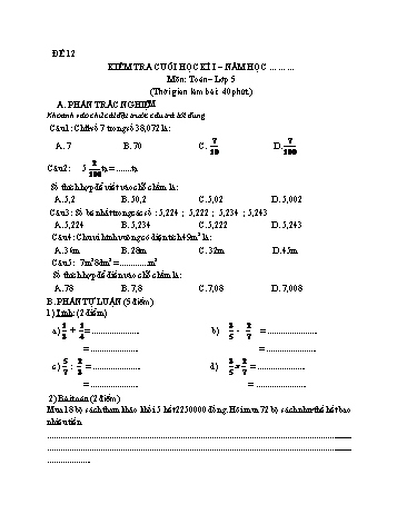 Kiểm tra cuối học kì 1 Toán Lớp 5 - Đề 12