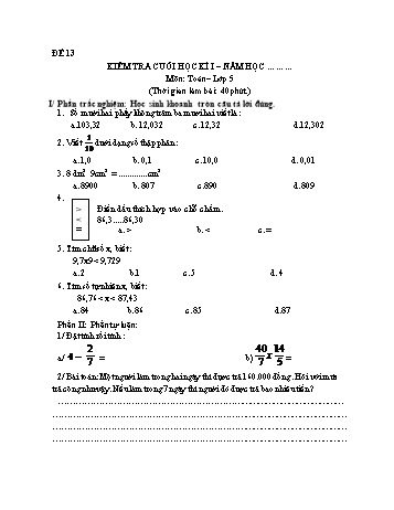 Kiểm tra cuối học kì 1 Toán Lớp 5 - Đề 13