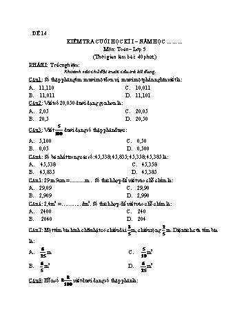 Kiểm tra cuối học kì 1 Toán Lớp 5 - Đề 14