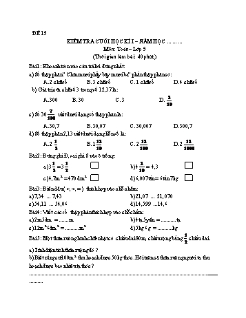 Kiểm tra cuối học kì 1 Toán Lớp 5 - Đề 15