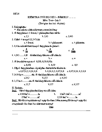 Kiểm tra cuối học kì 1 Toán Lớp 5 - Đề 16