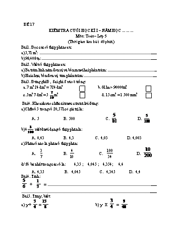 Kiểm tra cuối học kì 1 Toán Lớp 5 - Đề 17