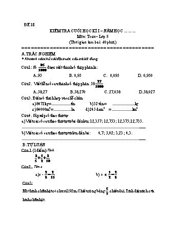 Kiểm tra cuối học kì 1 Toán Lớp 5 - Đề 18