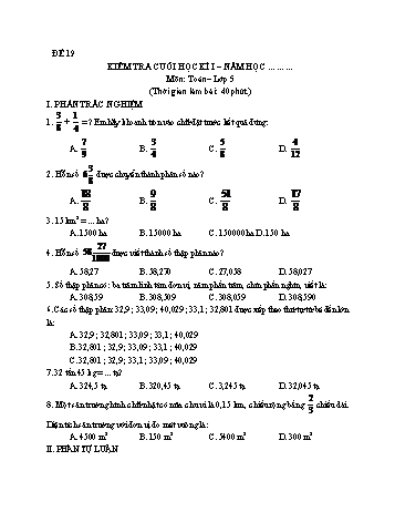 Kiểm tra cuối học kì 1 Toán Lớp 5 - Đề 19
