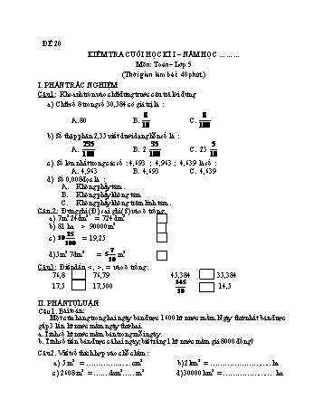 Kiểm tra cuối học kì 1 Toán Lớp 5 - Đề 20