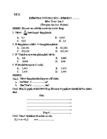 Kiểm tra cuối học kì 1 Toán Lớp 5 - Đề 21