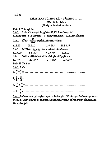 Kiểm tra cuối học kì 1 Toán Lớp 5 - Đề 22