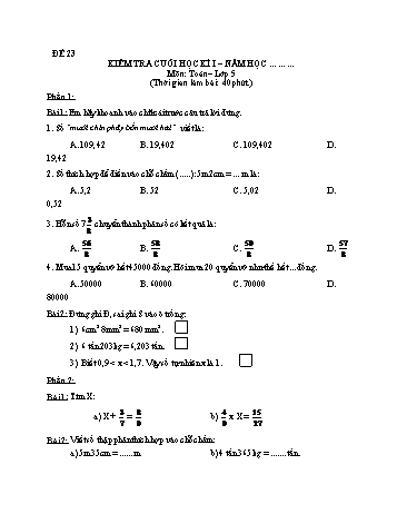 Kiểm tra cuối học kì 1 Toán Lớp 5 - Đề 23