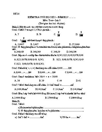 Kiểm tra cuối học kì 1 Toán Lớp 5 - Đề 24