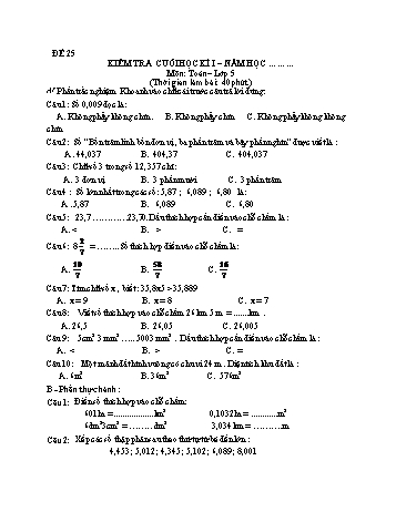 Kiểm tra cuối học kì 1 Toán Lớp 5 - Đề 25