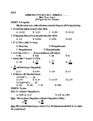Kiểm tra cuối học kì 1 Toán Lớp 5 - Đề 26