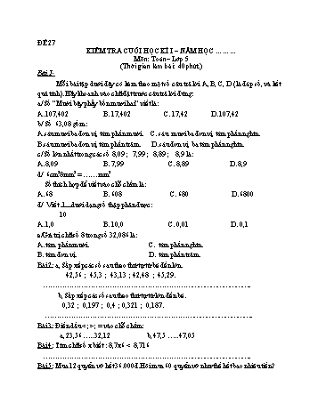Kiểm tra cuối học kì 1 Toán Lớp 5 - Đề 27