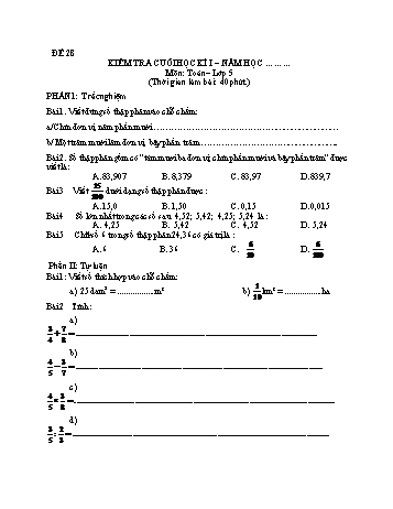 Kiểm tra cuối học kì 1 Toán Lớp 5 - Đề 28