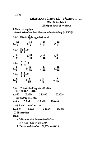 Kiểm tra cuối học kì 1 Toán Lớp 5 - Đề 29