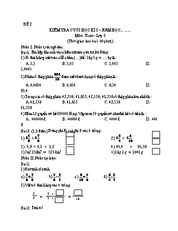 Kiểm tra cuối học kì 1 Toán Lớp 5 - Đề 2