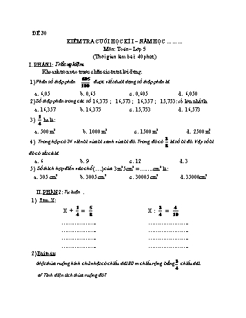 Kiểm tra cuối học kì 1 Toán Lớp 5 - Đề 30