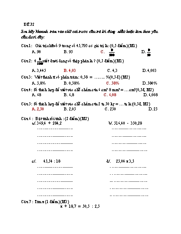 Kiểm tra cuối học kì 1 Toán Lớp 5 - Đề 32