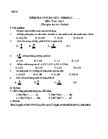 Kiểm tra cuối học kì 1 Toán Lớp 5 - Đề 33