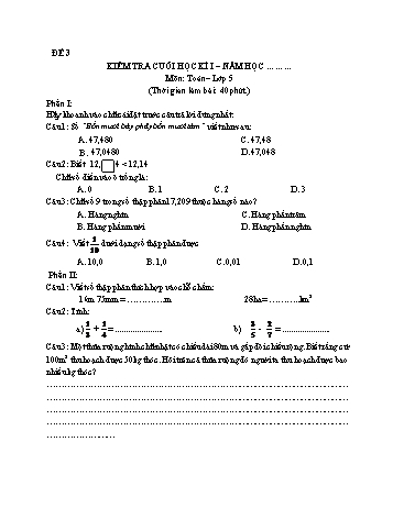 Kiểm tra cuối học kì 1 Toán Lớp 5 - Đề 3