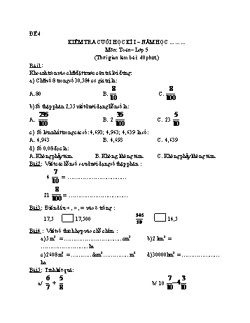 Kiểm tra cuối học kì 1 Toán Lớp 5 - Đề 4
