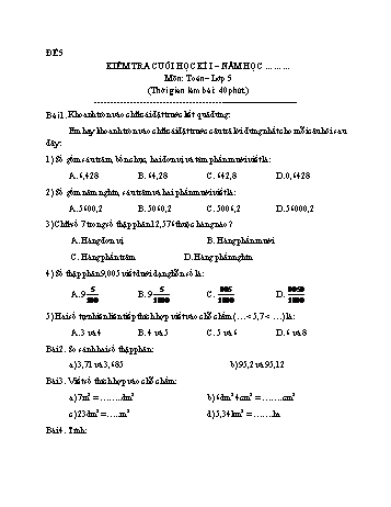 Kiểm tra cuối học kì 1 Toán Lớp 5 - Đề 5