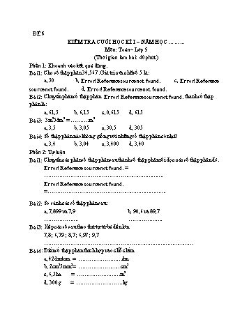 Kiểm tra cuối học kì 1 Toán Lớp 5 - Đề 6