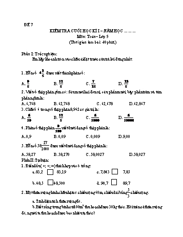 Kiểm tra cuối học kì 1 Toán Lớp 5 - Đề 7