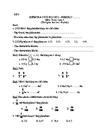 Kiểm tra cuối học kì 1 Toán Lớp 5 - Đề 9