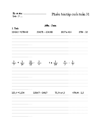 Phiếu bài tập cuối tuần Toán Lớp 5 - Tuần 31