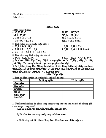 Phiếu bài tập cuối tuần Toán và Tiếng Việt Lớp 5 - Tuần 10