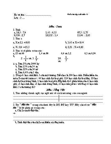 Phiếu bài tập cuối tuần Toán và Tiếng Việt Lớp 5 - Tuần 15