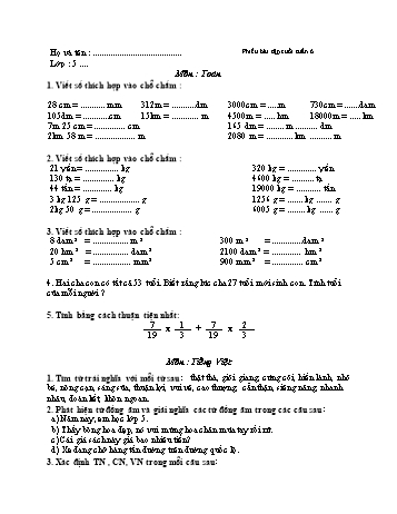 Phiếu bài tập cuối tuần Toán và Tiếng Việt Lớp 5 - Tuần 6