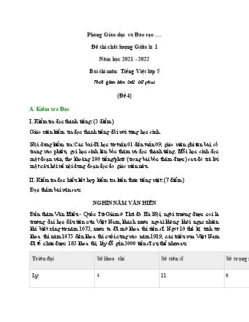 Đề thi chất lượng giữa kì 1 Tiếng Việt Lớp 5 - Đề 4 - Năm học 2021-2022 (Có đáp án)