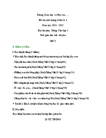 Đề thi chất lượng giữa kì 1 Tiếng Việt Lớp 5 - Đề 7 - Năm học 2021-2022 (Có đáp án)