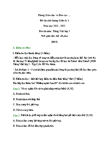 Đề thi chất lượng giữa kì 1 Tiếng Việt Lớp 5 - Đề 9 - Năm học 2021-2022 (Có đáp án)