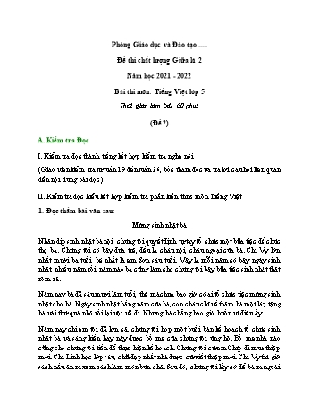 Đề thi chất lượng giữa kì 2 Tiếng Việt Lớp 5 - Đề 2 - Năm học 2021-2022 (Có đáp án)