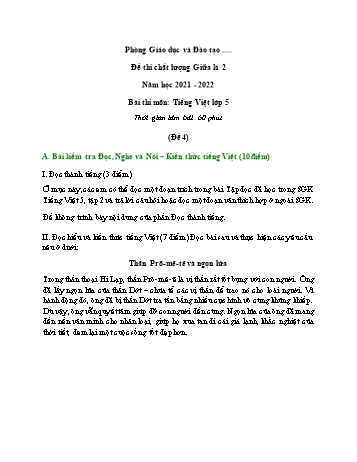 Đề thi chất lượng giữa kì 2 Tiếng Việt Lớp 5 - Đề 4 - Năm học 2021-2022 (Có đáp án)