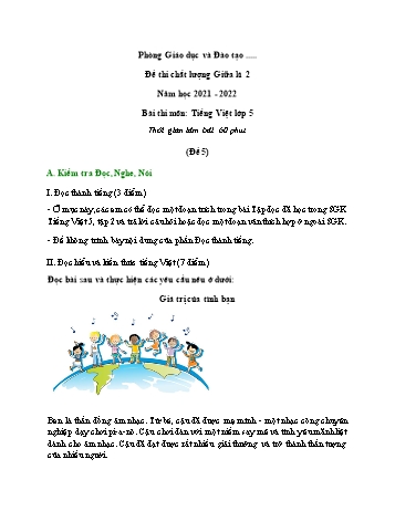 Đề thi chất lượng giữa kì 2 Tiếng Việt Lớp 5 - Đề 5 - Năm học 2021-2022 (Có đáp án)