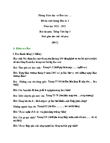 Đề thi chất lượng học kì 1 Tiếng Việt Lớp 5 - Đề 2 - Năm học 2021-2022 (Có đáp án)