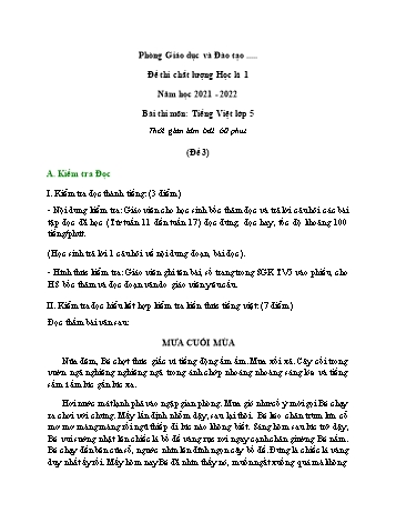 Đề thi chất lượng học kì 1 Tiếng Việt Lớp 5 - Đề 3 - Năm học 2021-2022 (Có đáp án)