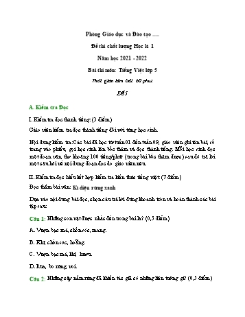 Đề thi chất lượng học kì 1 Tiếng Việt Lớp 5 - Đề 5 - Năm học 2021-2022 (Kèm đáp án)
